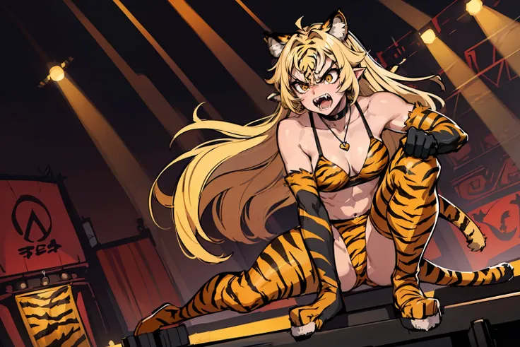 20yo, 1girl, solo, (angry:1.2), small chest, (muscular:1.2), fangs, (blonde long hair, tiger print bang:1.2), (tiger ears, locket necklace, triangle locket, black sport bra, tiger print long pant, tiger print elbow gloves, black knee boot:1.2), sitting on ...