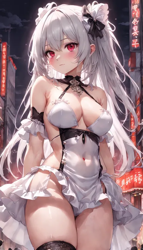 tmasterpiece, top-quality, 1girl in, 独奏, Kamimei、silber hair, Gothic Lolita, white  panties, Red blush, looking at viewert, is shy、Upper body naked、(Edgee 1.0), Perfect body, over exposure, Bare with thighs, Lots of ruffles、heartthrob、barechested、Photoreal...