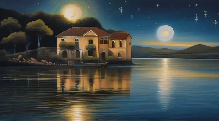 Reflexos Estelares na Lagoa, In a place beyond Earth, under a magnificent moonlight, uma lagoa se estende na noite estrelada. Its tranquil waters reflect the lights of poetic hope, criando uma imagem que ecoa o estilo de pintura de Da Vinci. The scene is a...