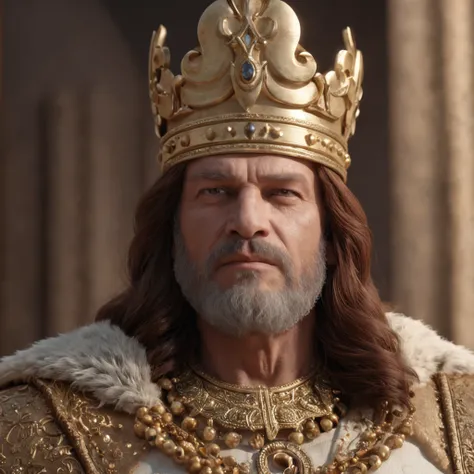 (Professional 3D rendering:1.3) de (Realistic:1.3) Foto de arte mais bonita do mundo，Features soft, bright male heroes, ( King Solomons age of 50 years, shorter red hair and, King Solomons with A LOW CROWN in his forehead maximize hair and crown detail, go...