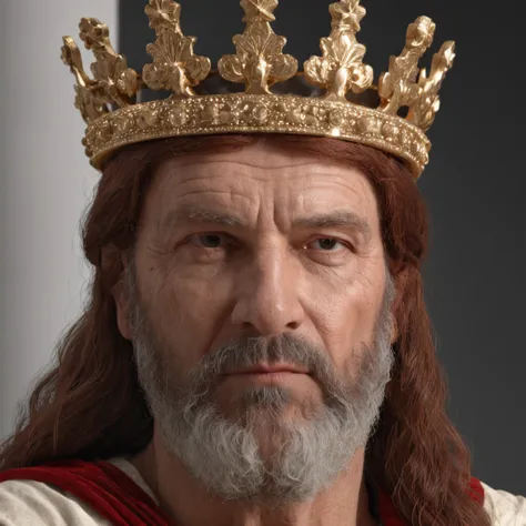 (Professional 3D rendering:1.3) de (Realistic:1.3) Foto de arte mais bonita do mundo，Features soft, bright male heroes, ( King Solomons age of 50 years, shorter red hair and, King Solomons with A LOW CROWN in his forehead maximize hair and crown detail, go...