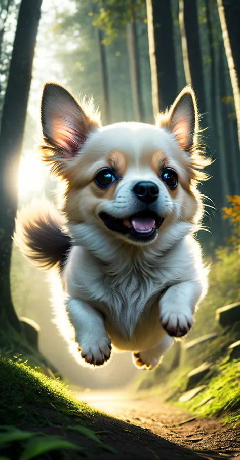 close-up of a very cute jumping puppy in the forest, soft volumetric light, (backlight: 1.3), (movie: 1.2), intricate details, (...