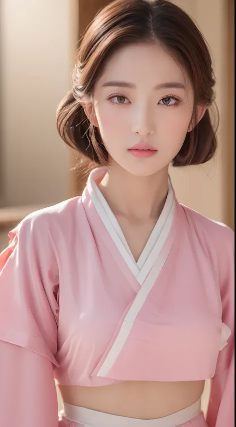 ((Best quality, 8k, Masterpiece :1.3)), Sharp focus :1.2, Perfect Body Beauty:1.4, Slim Abs:1.2, ((Layered Hairstyle:1.2)), (Pink Summer Hanbok: 1.1), (Indoor: 1.2), Highly detailed face and skin texture, Fine eyes, Double eyelids,