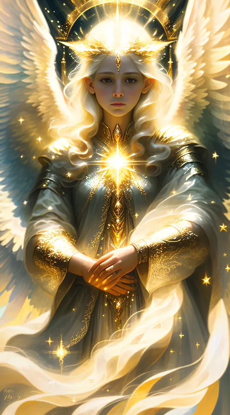 hello, ia! please create a creature of light, a beautiful angel of light, a magical spirit of light, is a character full of a se...