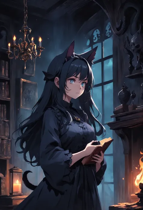 A beautiful witch woman looks forward in a dark horror room with a black cat and an old book of fear