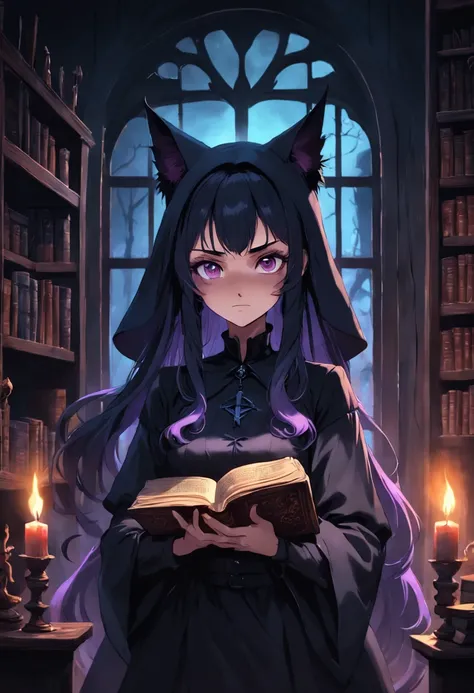 A beautiful witch woman looks forward in a dark horror room with a black cat and an old book of fear