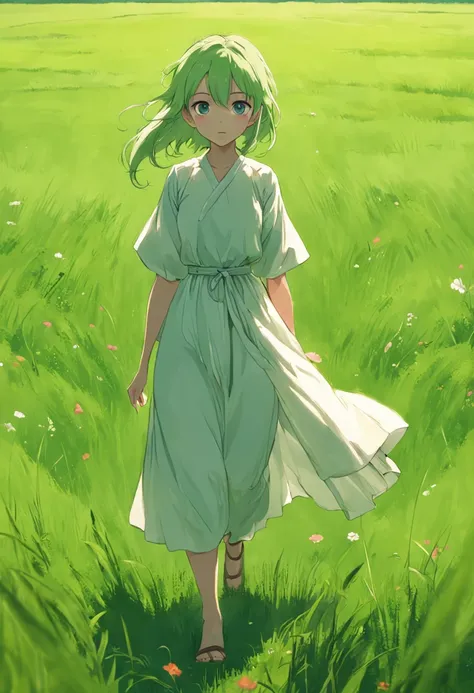 An Aalfid woman in a white dress walks across the meadow, in a open green field, in a large grassy green field, on a grassy field, lost in a dreamy fairy landscape, standing in grassy field, standing in grassy field, on an alien grassland, in a field, in t...