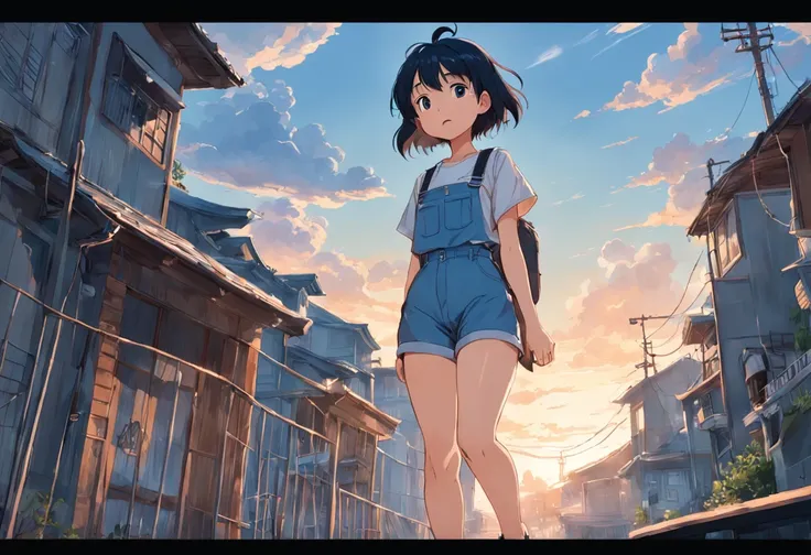 in style of hayao miyazaki，（Hayao Miyazaki animated film：1.4），1 Outdoor girls，Denim suspenders，short- sleeved，athletic sneakers，short hair ponytail， late， starrysky， in a panoramic view， scenecy， horizon，Town rooftop， sitting on rooftop， ventania，The wind ...