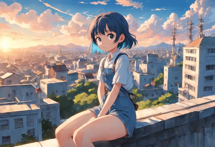 in style of hayao miyazaki，（Hayao Miyazaki animated film：1.4），1 Outdoor girls，Denim suspenders，short- sleeved，athletic sneakers，short hair ponytail， late， starrysky， in a panoramic view， scenecy， horizon，Town rooftop， sitting on rooftop， ventania，The wind ...