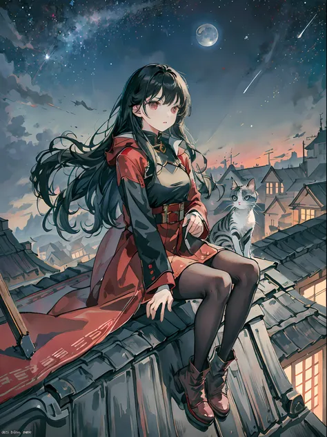 There is 1 girl and 1 kitten on the roof,full_Body,(Tall:1.1),black_Hair,Long_Hair,Thick_Hair,bangs,Red_Eyes,mediating_Breasts,Sitting,Coat,Shorts,Pantyhose, Boots, sitting on rooftop, The kitten crouched next to her，scenery, horizon, the roof,Moon,Night s...