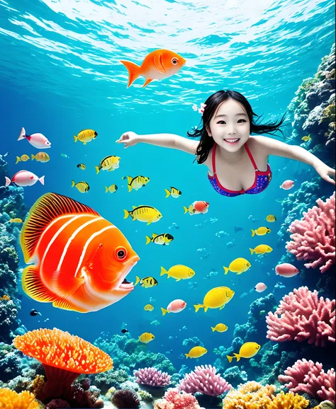 top-quality、a beauty girl、swim wears、School of fish and jellyfish swimming in the sea、Frolic with fish、Corals and tropical fish、Photorealistic depiction、Bright colors