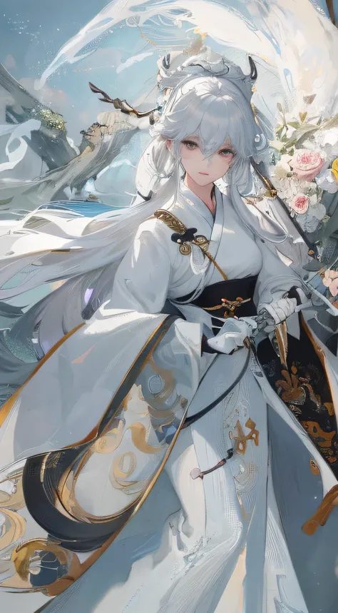 a close up of a woman with a sword in a white dress, a character portrait by Yang J, trending on cgsociety, fantasy art, beautiful character painting, artwork in the style of guweiz, guweiz, white hanfu, flowing white robes, full body wuxia, epic exquisite...