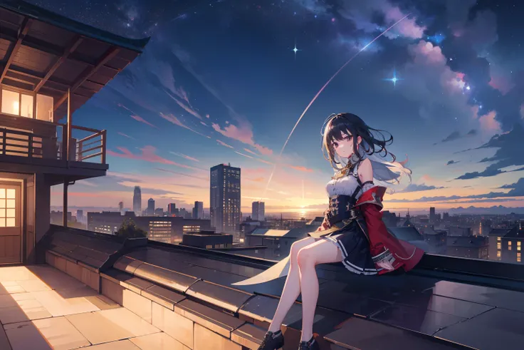 8K, Super detail, ccurate, Best quality, Masterpiece, Super detail, High details, High quality, Best quality, A high resolution，1 Outdoor girls， late， starrysky， in a panoramic view， scenecy， horizon， the roof， sitting on rooftop， ventania