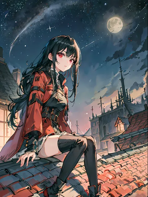 1girll,Solo,full_Body,(Tall:1.1),black_Hair,Long_Hair,Thick_Hair,bangs,Red_Eyes,mediating_Breasts,Sitting,Coat,Shorts,Pantyhose, Boots, scenery, sitting on rooftop，horizon， the roof，Moon,Night sky, Star, Masterpiece,Best quality,A high resolution,absurdere...