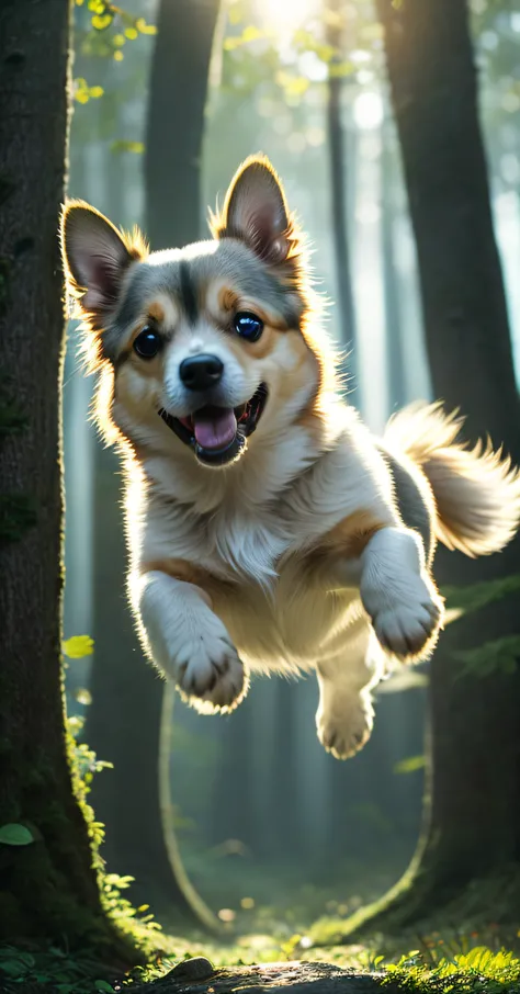 Close-up of a very cute jumping puppy in the forest, soft volumetric light, (backlight: 1.3), (movie: 1.2), intricate details, (ArtStation: 1.3), Rutkowski