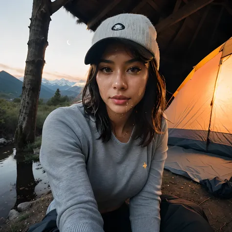 1 woman, Asian, amazonian build, sultry look, wet and sweaty ((upper body selfie, happy)), beautiful backlight, show biceps,masterpiece, best quality, ultra-detailed, solo, outdoors, (night), mountains, nature, (stars, moon) cheerful, happy, backpack, slee...