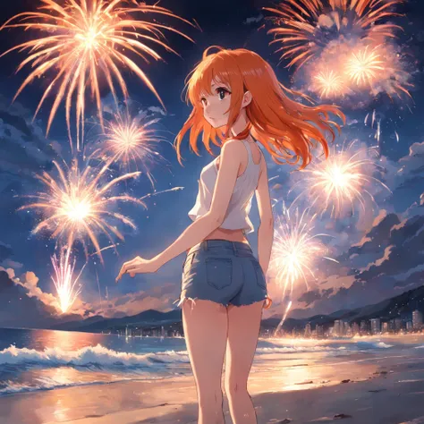 summer day，sea beach，fire works，Girl with orange hair，Wearing a white top，blue denim pants，Fireworks in hand。