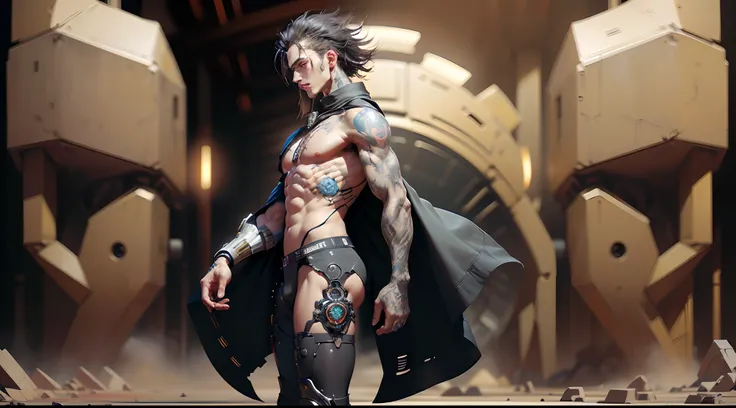 A half-naked extremely strong handsome one，The left hand is robotic arm，Wearing a cool black motorcycle helmet on his head，The lower body is leggings，Youth with flower arm tattoo on his right hand