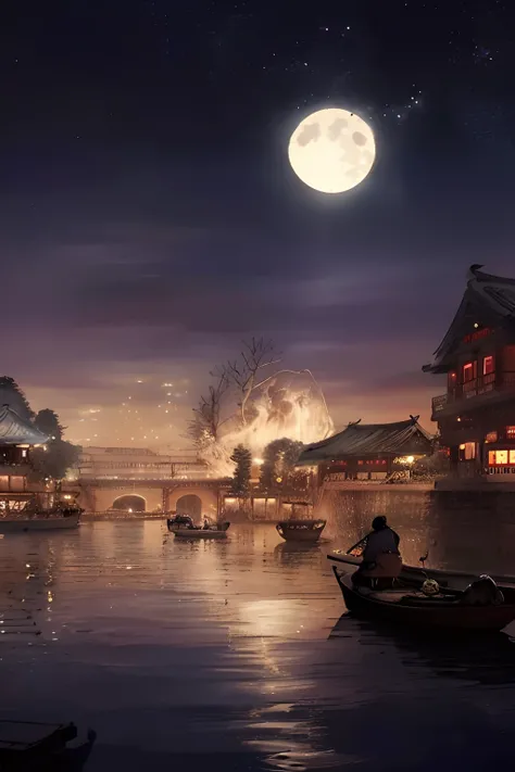 At night there was a man sitting on a boat on the water, traditional japanese concept art, Beautiful rendering of the Tang Dynasty, dreamy Chinese towns, Bright lights in the sky