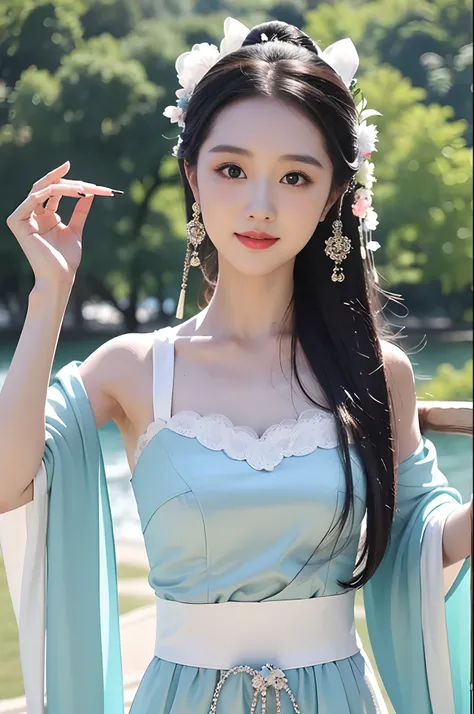 1girll，Exquisite，light  smile，Dancing by the lake，white colors|Cyan hanfu，Tulle Hanfu beauty，delicate patterns，Silk satin reflective，Textured clothes Glossy glossy skin，Ray traching，
best qualtiy，tmasterpiece，（Photorealsitic：1.4），Raised sexy