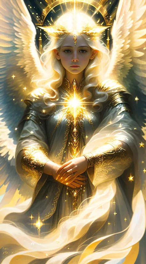 Hello, IA! Please create a creature of light, a beautiful angel of light, a magical spirit of light, is a character full of a sense of justice and divine power, she is usually depicted as a beautiful female angel with wings and long hair, wearing a shining...