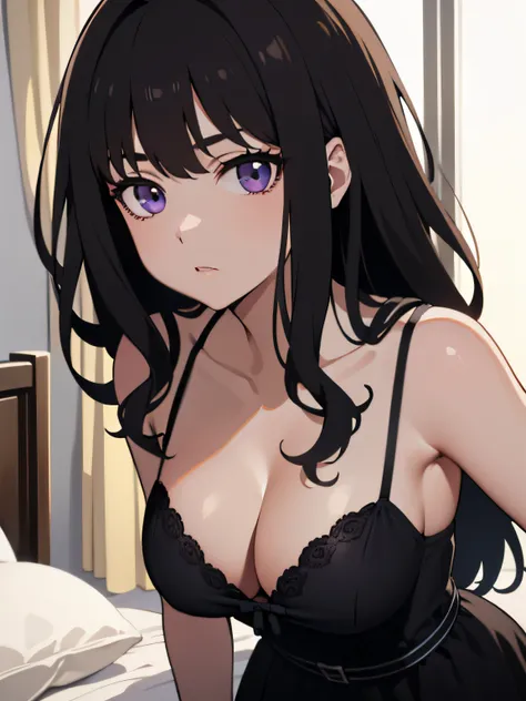 (best quality, masterpiece, extremely detailed, uhd, 8k wallpaper, highres), Inoue Takina, one anime woman, sad, black hair, ((busty, medium breasts, cleavage)), POV, close up, nightgown, black dress, (detailed eyes, beautiful eyes), (purple eyes:1.2), ind...