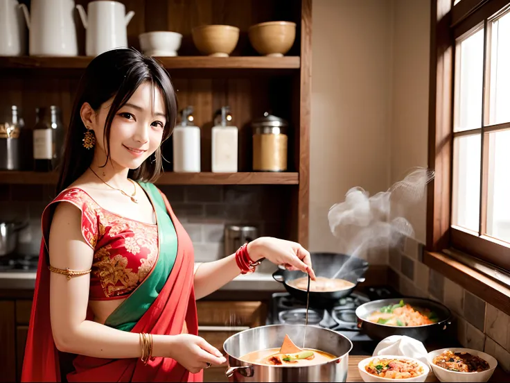 top-quality、　Indian、　femele、　curry、　cooking a、　Red Sari、Best Smile、　steam、　Cooking room