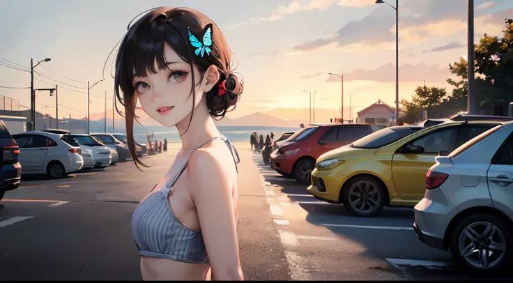 Octane Render、(Hyper-detailing: 1.15)、(Soft light、sharp: 1.2)、morning、Little girl posing in front of EV in parking lot near beach, bustup、butterfly hair ornament、 Fuji Film, F/4.0, masutepiece, Anatomically correct、A smile, radiant light