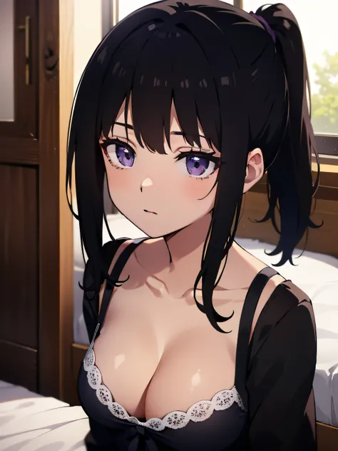 (best quality, masterpiece), Inoue Takina, 2d, sketch art, one anime woman, sad, black hair, ((busty, medium breasts, cleavage)), POV, close up, nightgown, black dress, (detailed eyes, beautiful eyes), (purple eyes:1.2), (ponytail, single ponytail), indoor...