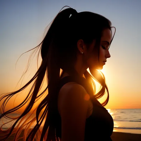 A silhouette of a beautiful woman with long hair