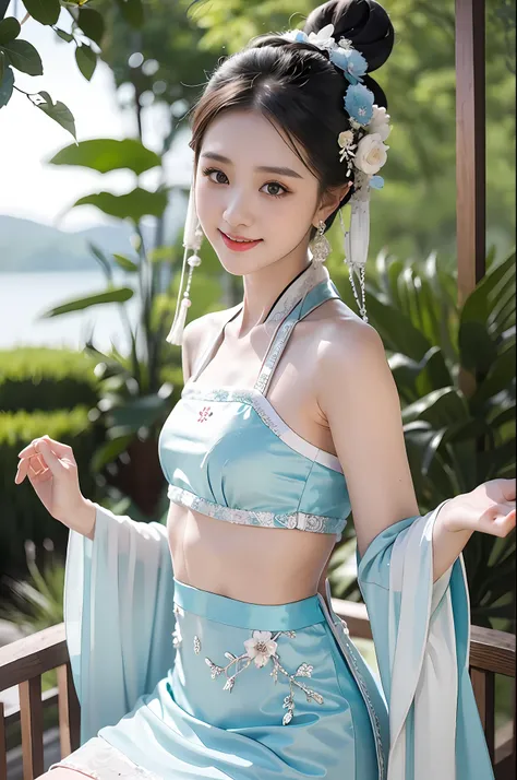 1girll，Exquisite，light  smile，Dancing by the lake，white colors|Cyan hanfu，Tulle Hanfu beauty，delicate patterns，Silk satin reflective，Textured clothes Glossy glossy skin，Ray traching，
best qualtiy，tmasterpiece，（Photorealsitic：1.4），Raised sexy