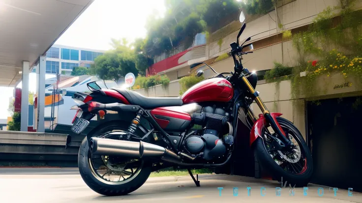 there is a red motorcycle parked next to a building, motorcycle, symmetric!!, front side full, mid-view, front side, motorbike, front-view, front profile, cafe racer, front profile shot, sideview, 🪔 🎨;🌞🌄, symmetry!!, triumph, one motorbike in center of fra...