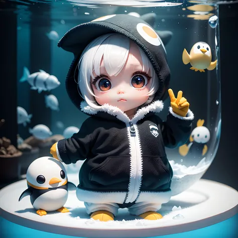 masterwork　Chibi 3D Wearing a penguin costume　cute and beautiful chibi,Chibi 3D Inside a Giant Aquarium ，Cold white skin