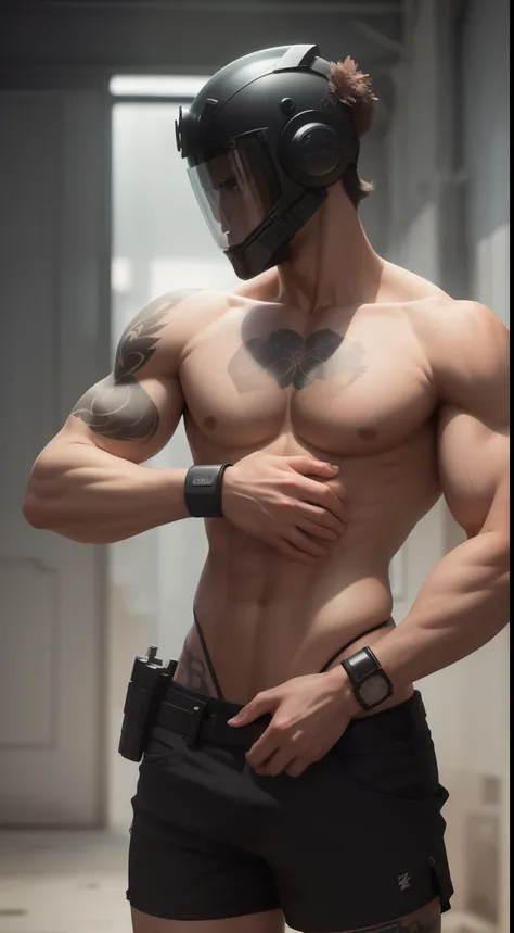 Half-naked，Extremely strong，Handsome，The left hand is the robotic arm，He wears a black motorcycle helmet on his right hand，The lower body is tight shorts，There is a flower arm tattoo on the right hand，short hair youth