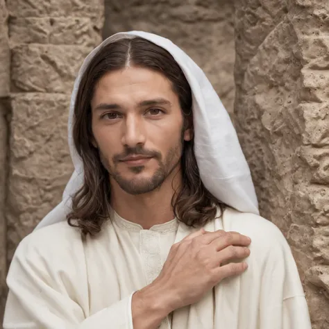 looking at camera,Pandoras Pastry Pub background, full face,Jesus of Nazareth is depicted in the image as a compassionate and gentle figure with shoulder-length, wavy brown hair cascading over his shoulders. His mesmerizing hazel eyes convey a profound sen...