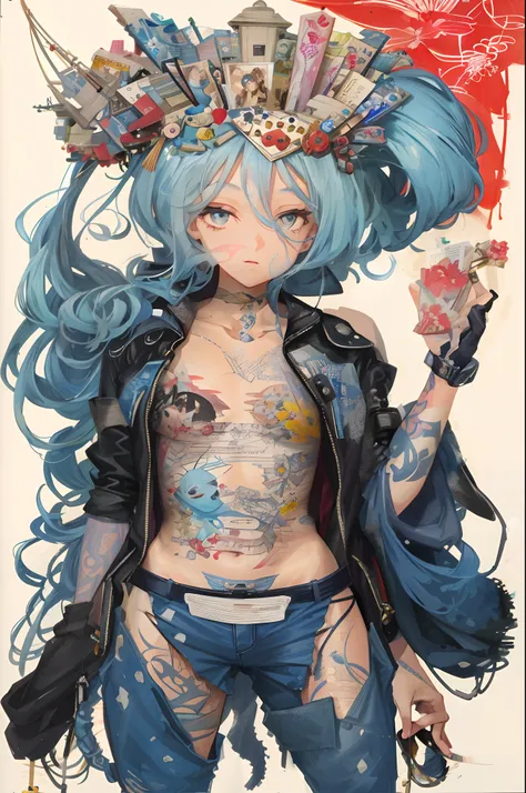 Ultra-high definition 2D art, close-up (1 woman), light blue hair, 2D animation style, soft and delicate depiction, attention also on her full-body tattoos (full-body art), landscape mode, masterpieces by Guweiz and James Jean, tattoo expert designs by CGS...