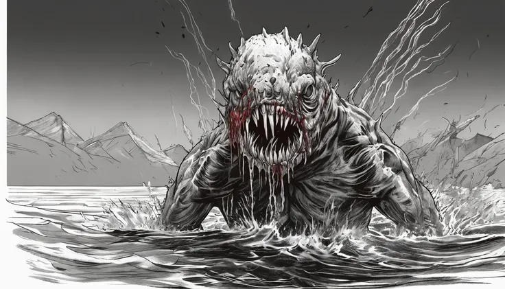 a drawing，It depicts a truly mutilated ocean mutant monster，Blood on his face，bleeding from head, massacre, Science fiction - the horror art of fiction, sci-fi horror artwork, inspired by Aleksi Briclot, Slaughtered fangs, horror fantasy art, author：Alexi ...