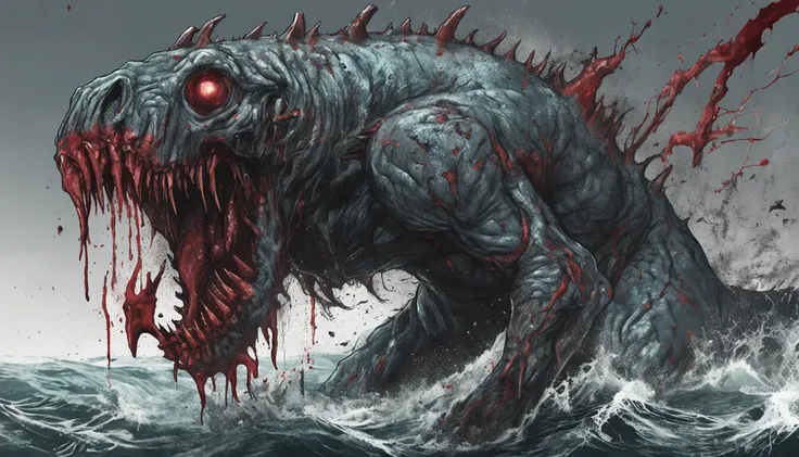 a drawing，It depicts a truly mutilated ocean mutant monster，Blood on his face，bleeding from head, massacre, Science fiction - the horror art of fiction, sci-fi horror artwork, inspired by Aleksi Briclot, Slaughtered fangs, horror fantasy art, author：Alexi ...