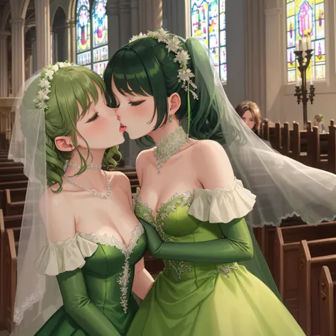 hight resolution、ultra-detailliert、(1girl in:1.3), Two women kissing in church, Green Satin Long Gloves, Green Wedding Dresses, Green shorthair, lipsticks, the kiss, bride, Green Pearl Necklace, Green Bride, lesbian、kiss mouth to mouth, High quality film s...