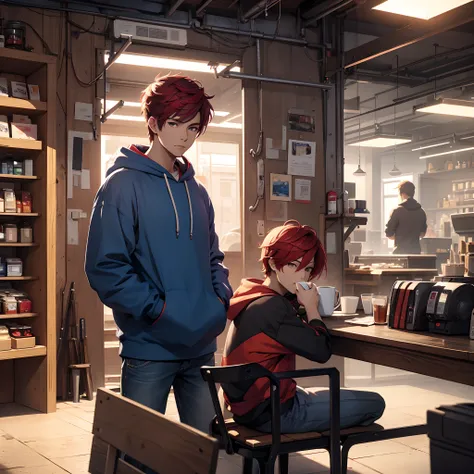 A man drinking coffee, sitting down, enjoying life,semi realistic, unreal engine 5,shop full of people, wearing a hoodie,blue and red red hair,BREAK, highest quality digital art, wallpaper 8k, HD quality, extremely detailed