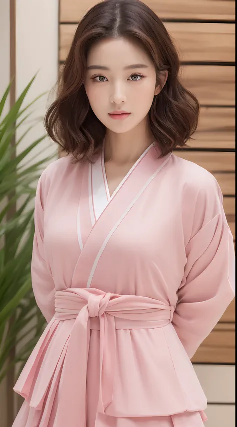 ((Best quality, 8k, Masterpiece :1.3)), Sharp focus :1.2, Perfect Body Beauty:1.4, Slim Abs:1.2, ((Layered Hairstyle:1.2)), (Pink Summer Hanbok: 1.1), (Indoor: 1.2), Highly detailed face and skin texture, Fine eyes, Double eyelids,