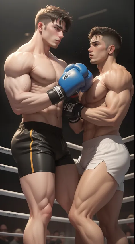 The male，The male，The male，Very strong，Extremely robust，The upper body is wearing a soaked black tights，The lower body is wearing only briefs shorts，The muscles are very full，Wear boxing gloves on your hands，Very handsome，The male，Youthful