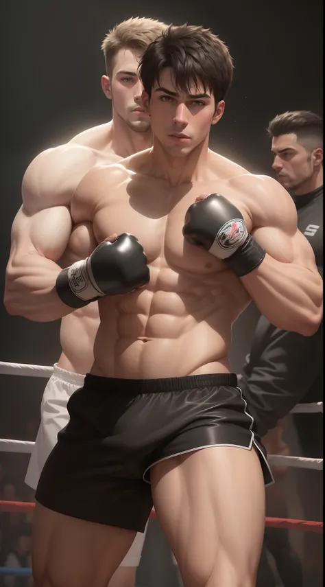 The male，The male，The male，Very strong，Extremely robust，The upper body is wearing a soaked black tights，The lower body is wearing only briefs shorts，The muscles are very full，Wear boxing gloves on your hands，Very handsome，The male，Youthful