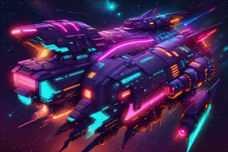 CyberPunkAI neon  spaceship in space, stars