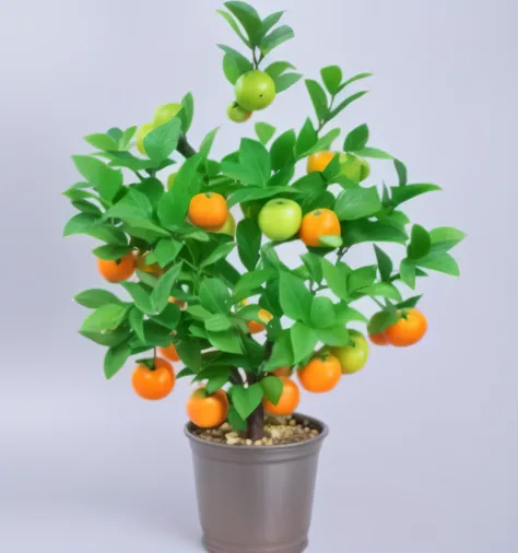 There is a small potted plant，There are oranges growing inside, orange plants, with fruit trees, plant, potted plant, Beautiful image, Wang Chen, fruit trees, , large potted plant, Very realistic, elegant high quality, apple orange, Showpiece, imagem de qu...