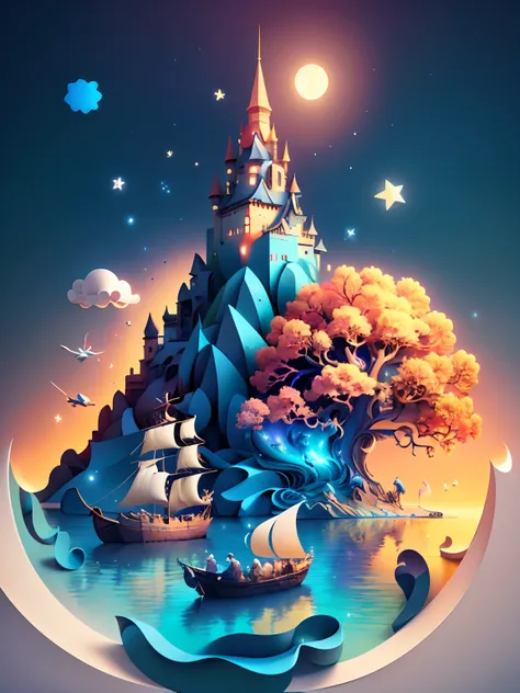 (((masterpiece))),best quality, illustration,  sky, cloud, water, star (symbol), tree, no humans, night, dragon, moon, building, star (sky), night sky, scenery, starry sky, castle, waves, tower, boat. vibrant color scheme, Soft light,(warm color:1.2),Water...