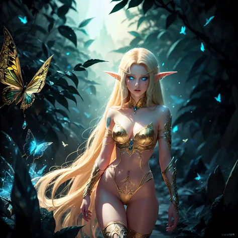 beautiful elf, fantasy style, blue eyes,hero pose, beautiful tattoo on your body,((intricate details)), hdr, Dramatic type,magic, long blonde hair, armor covering parts of your body in white and gold details, black forest background, magic, fairies, and ne...