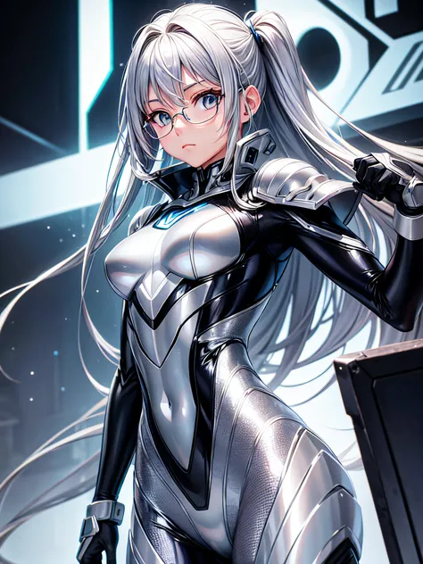 8K UHD、Silver-haired and small-nosed beauty in shiny silver full-body rider suit with glasses standing with legs open facing the front、Wearing a silver metallic rider suit、Upper Body Up