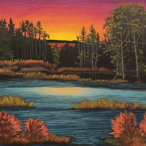 Pa painting of a sunset over a lake, uma pintura de arte de Yvonne Jacquette, deviantart, Pintura de cena americana, Non-Instagram art, pintura detalhada, oil on the canvas