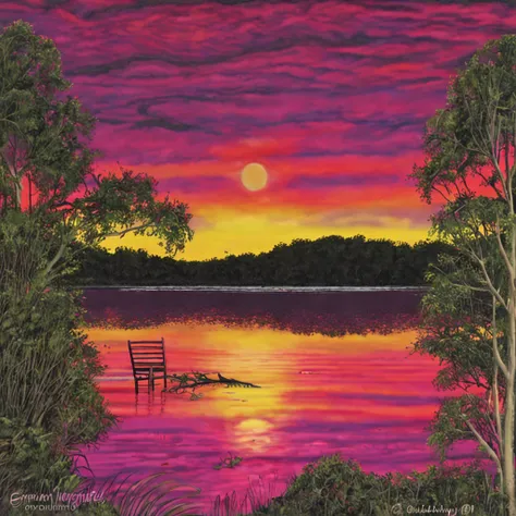 Pa painting of a sunset over a lake, uma pintura de arte de Yvonne Jacquette, deviantart, Pintura de cena americana, Non-Instagram art, pintura detalhada, oil on the canvas